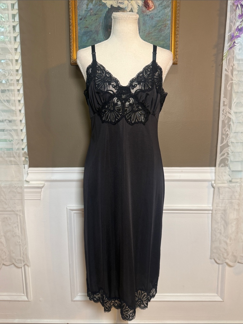 Vintage Shadowline Black Lace Slip Nightgown Size 38 USA